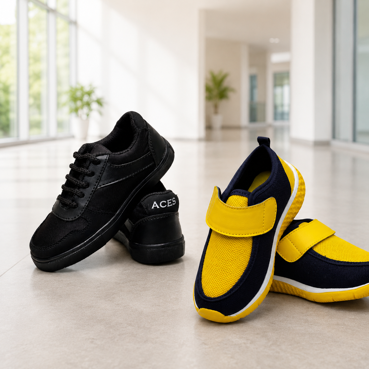 Minimal footwear display in spacious lobby